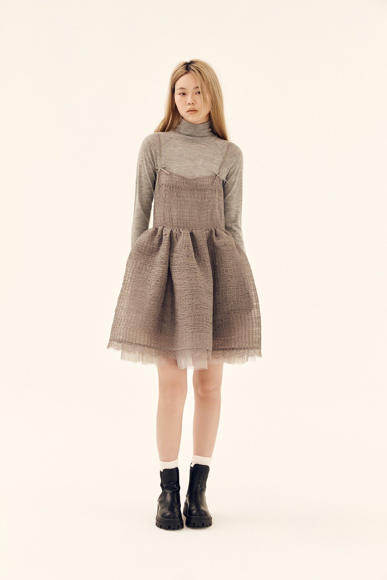 Grey Shirred Silk Dress
