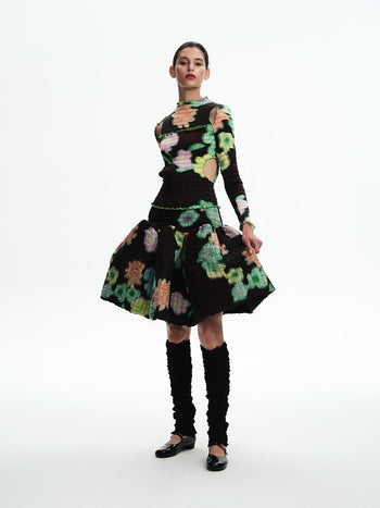 Shirred Black Floral Skirt